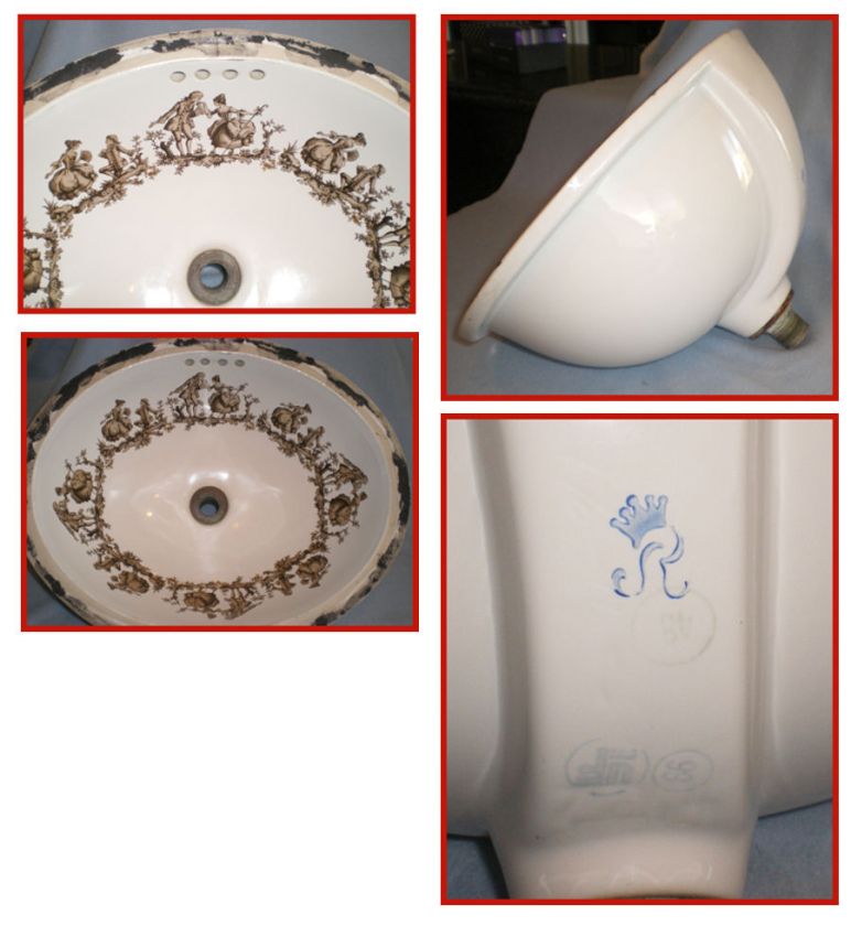 White Oval Porcelain Sink Gold Colored Victorian Figures Under Counter 