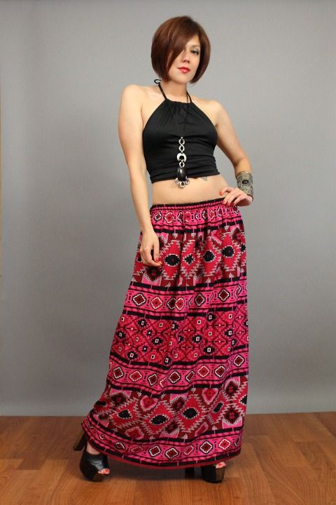   Cowichan BOHO Southwestern Draped GEOMETRIC Festival MAXI SKIRT S L