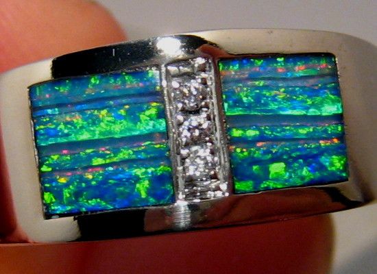Unique Pattern Solid Inlay OPAL & DIAMOND Mens RING 10 Grams 14k 