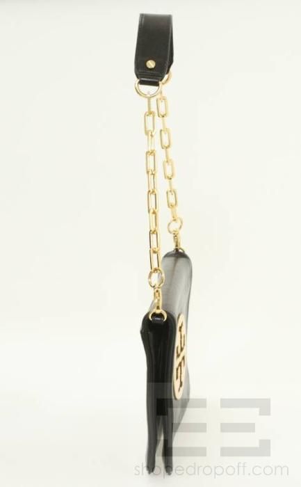   Black Leather & Gold Tone Logo Plate Flap Chain Strap Handbag  