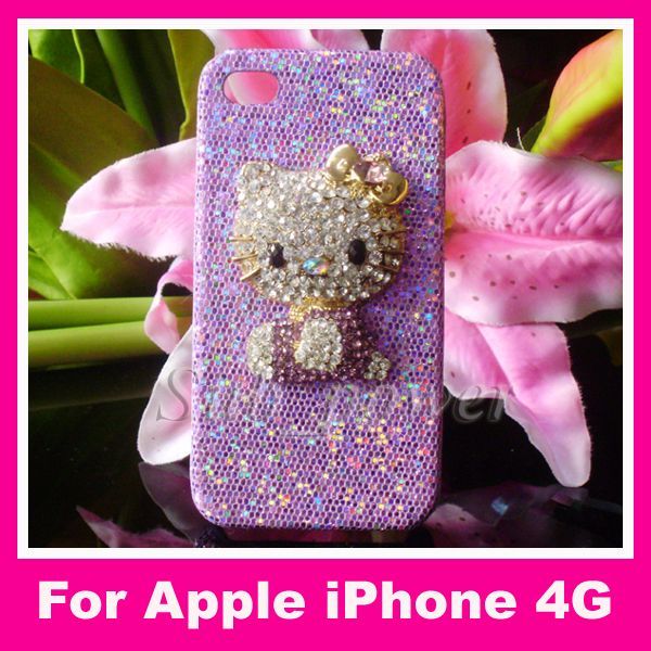 3D Purple Rhinestone Hello Kitty Bling Crystal Case cover for iPhone 4 