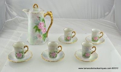 Antique 12pc Chocolate Pot Set Hand Painted Pink Roses Gilded 5 Cups 